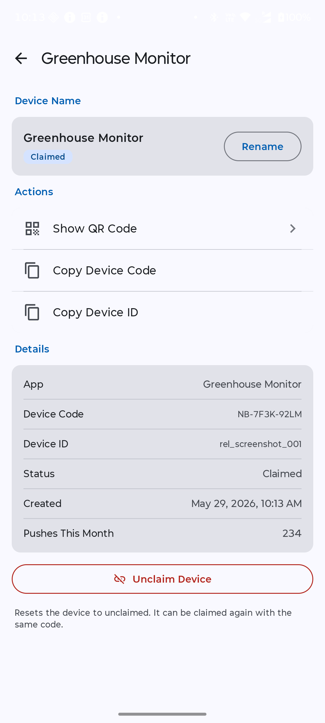 Device detail view showing the MS- device code and QR code